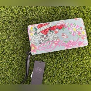 Ed Hardy denim Floral Skull Wallet NWT